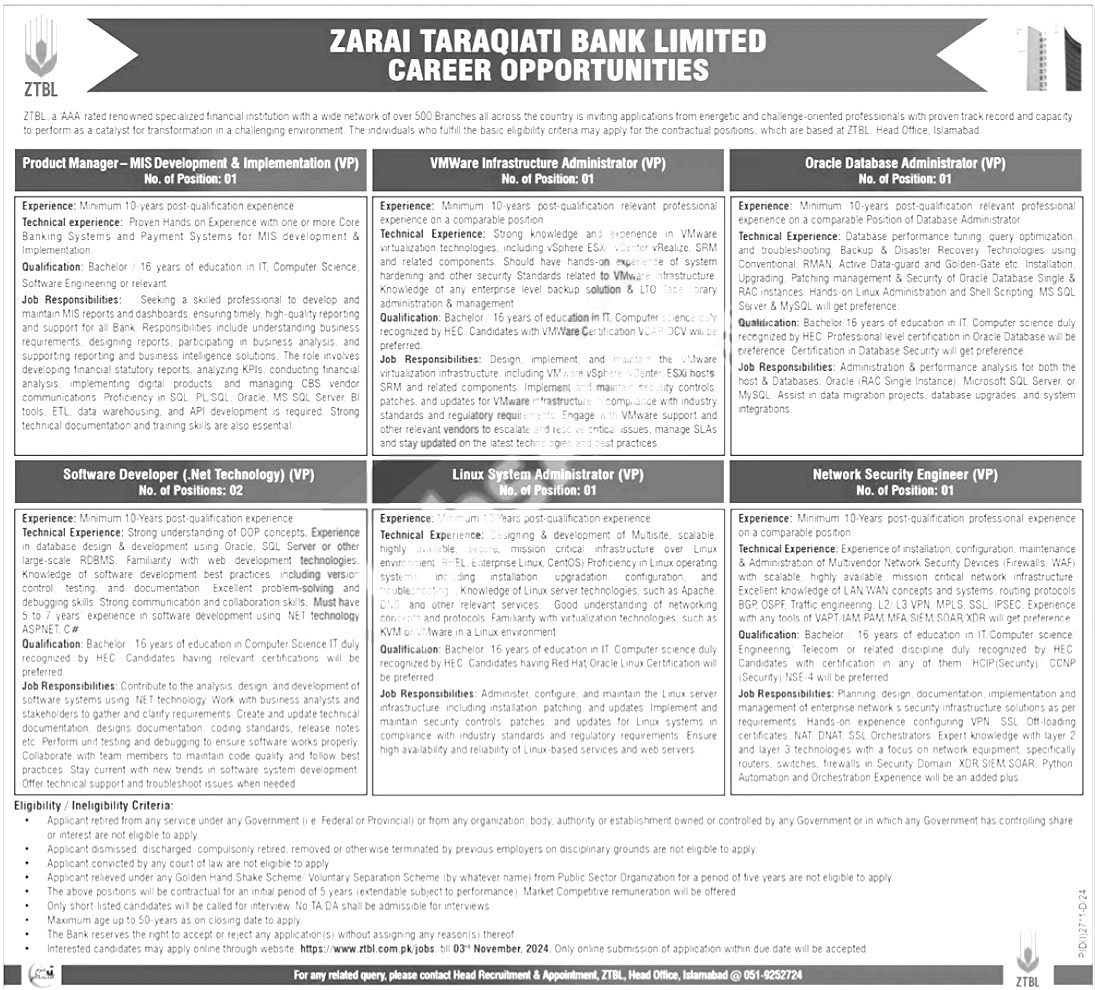 Zarai Taraqiati Bank Limited Jobs 2024