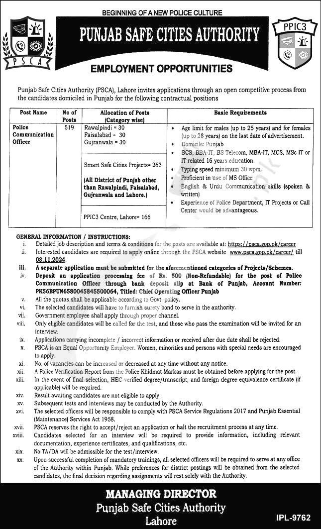 Punjab Safe Cities Authority Jobs 2024