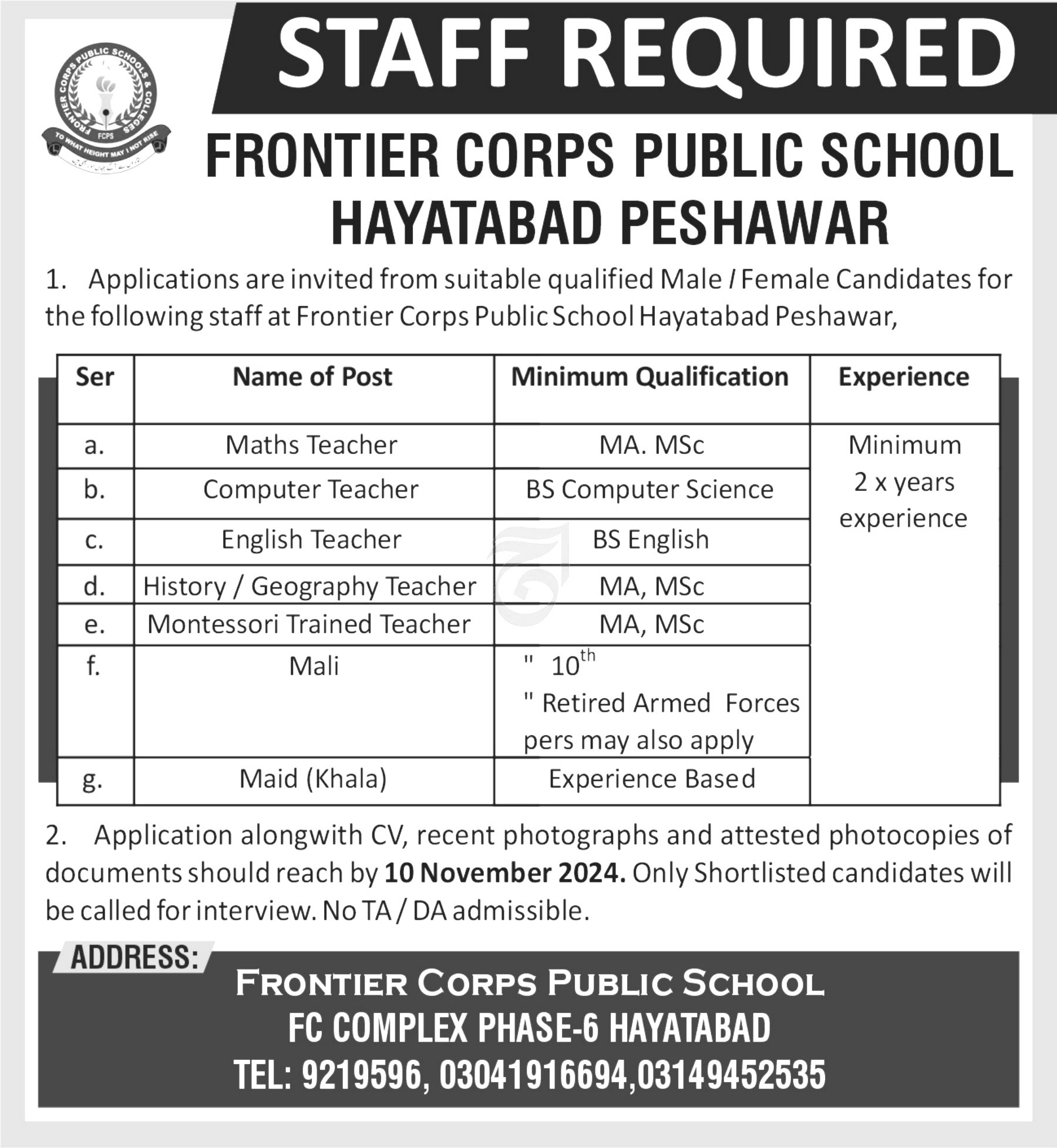 Frontier Corps FC Public School Jobs 2024