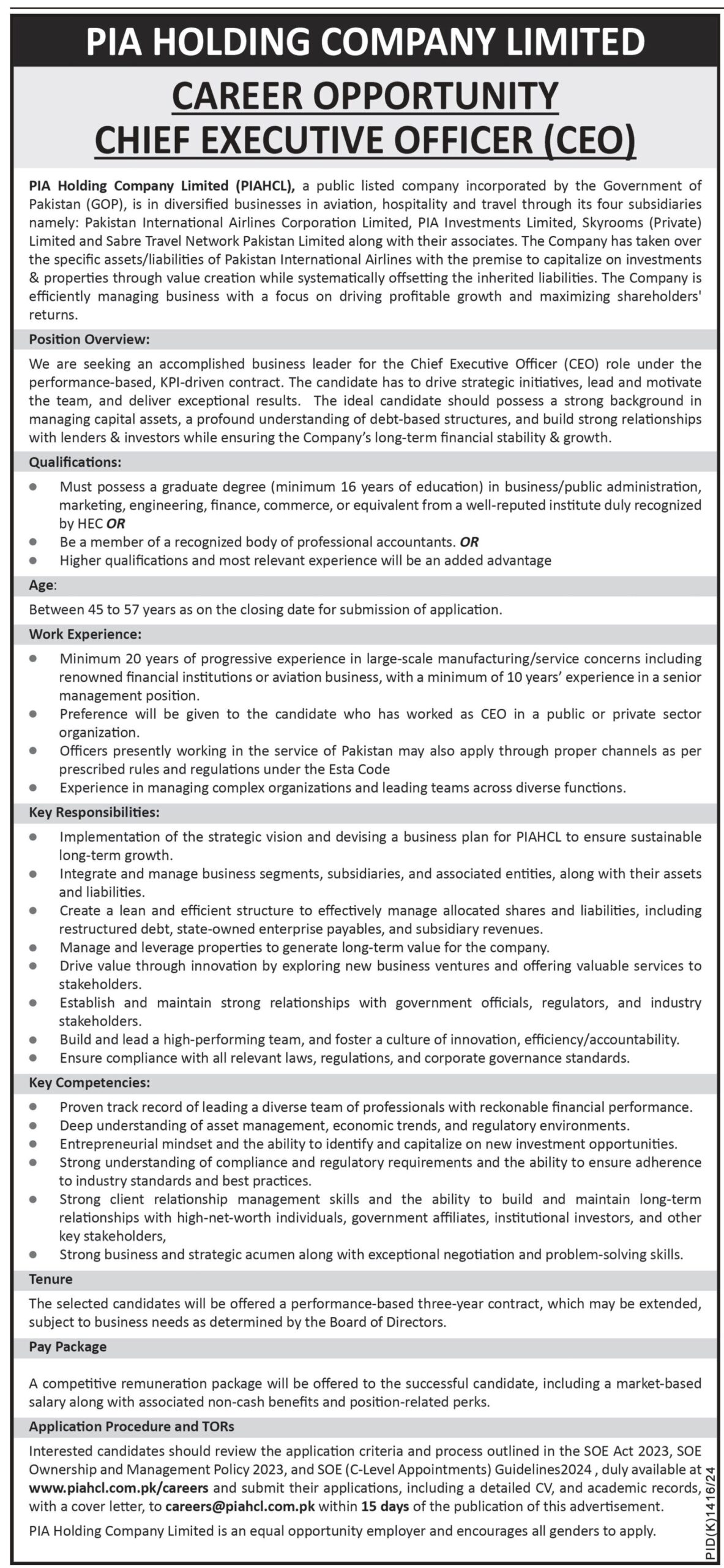 PIA Holding Company Limited Jobs 2024