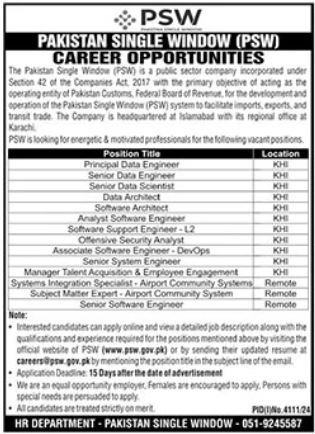 Pakistan Single Window Jobs 2025