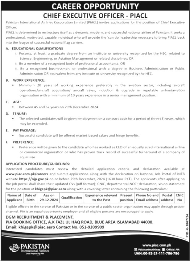 Pakistan International Airlines Corporation Jobs 2025