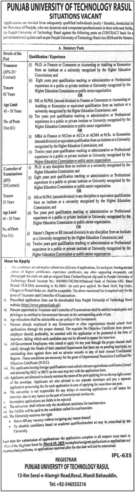 Punjab University Of Technology Rasul Jobs 2025