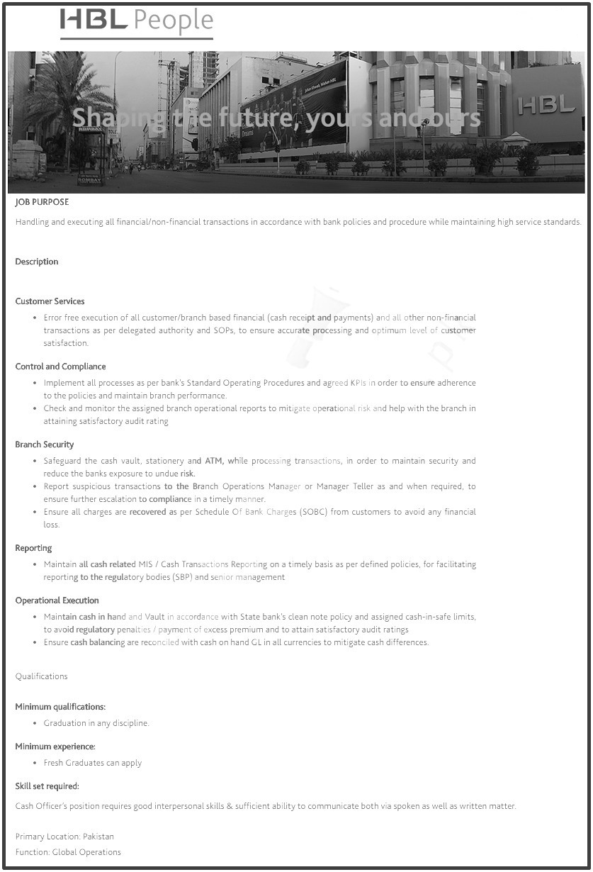 HBL Cash Officer Jobs 2025