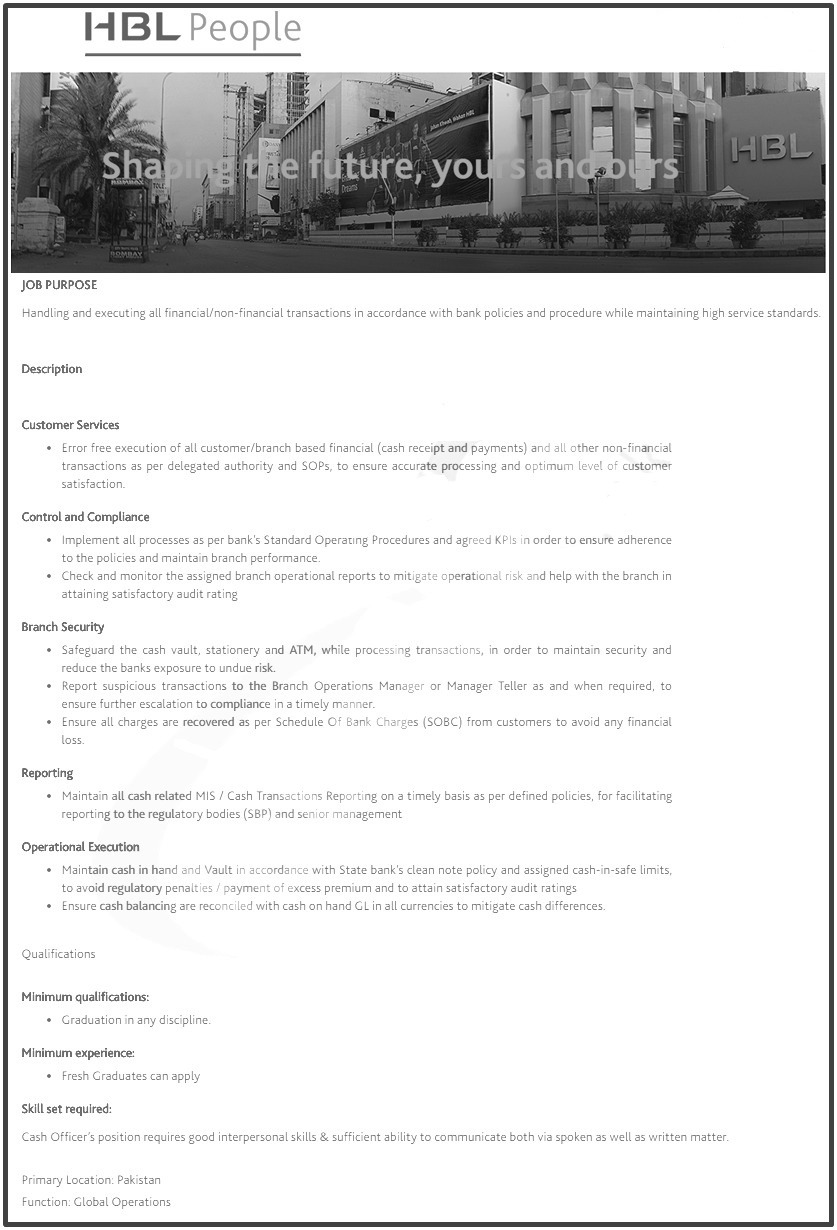 HBL Cash Officer Jobs 2025