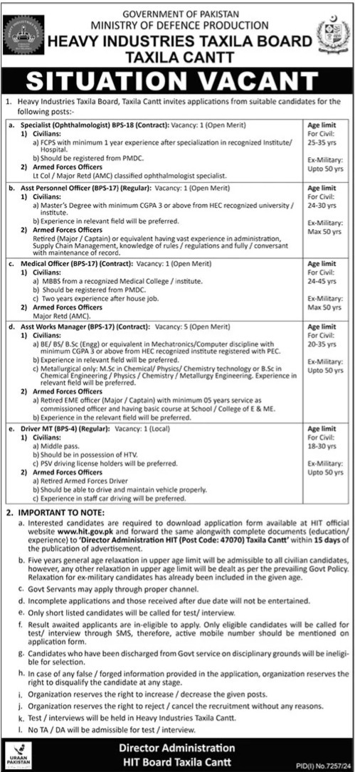 Heavy Industries Taxila Board Jobs 2025