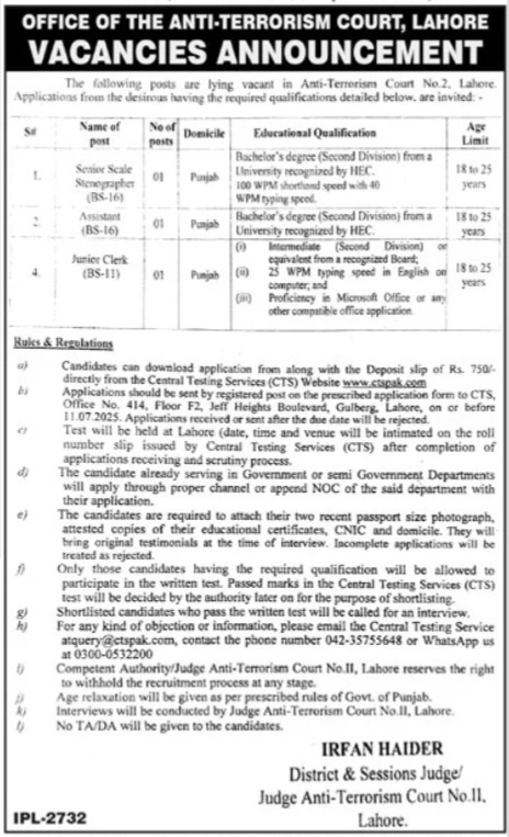Anti Terrorism Court Jobs 2025