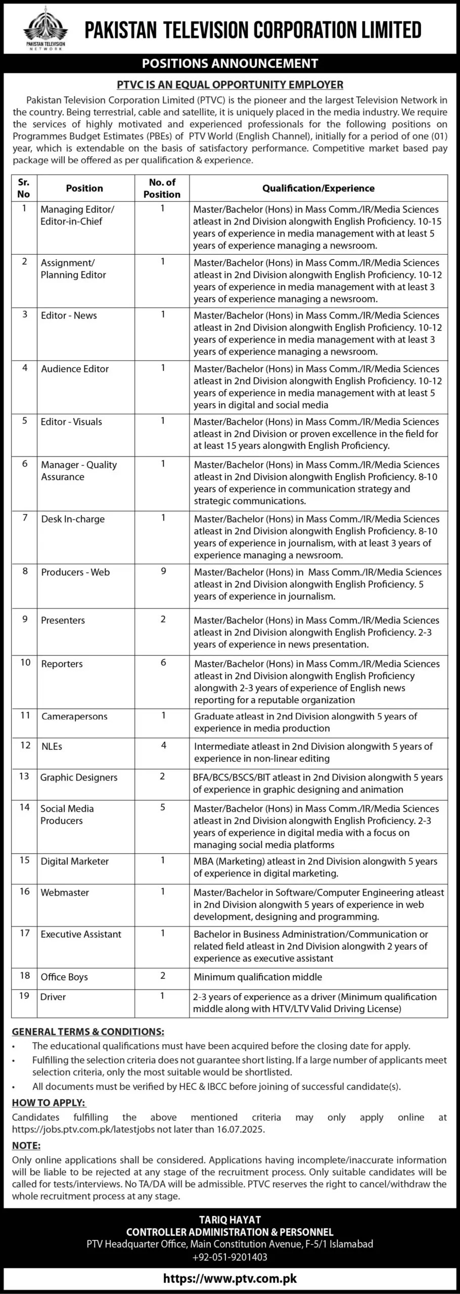 Pakistan Television Corporation Jobs 2025