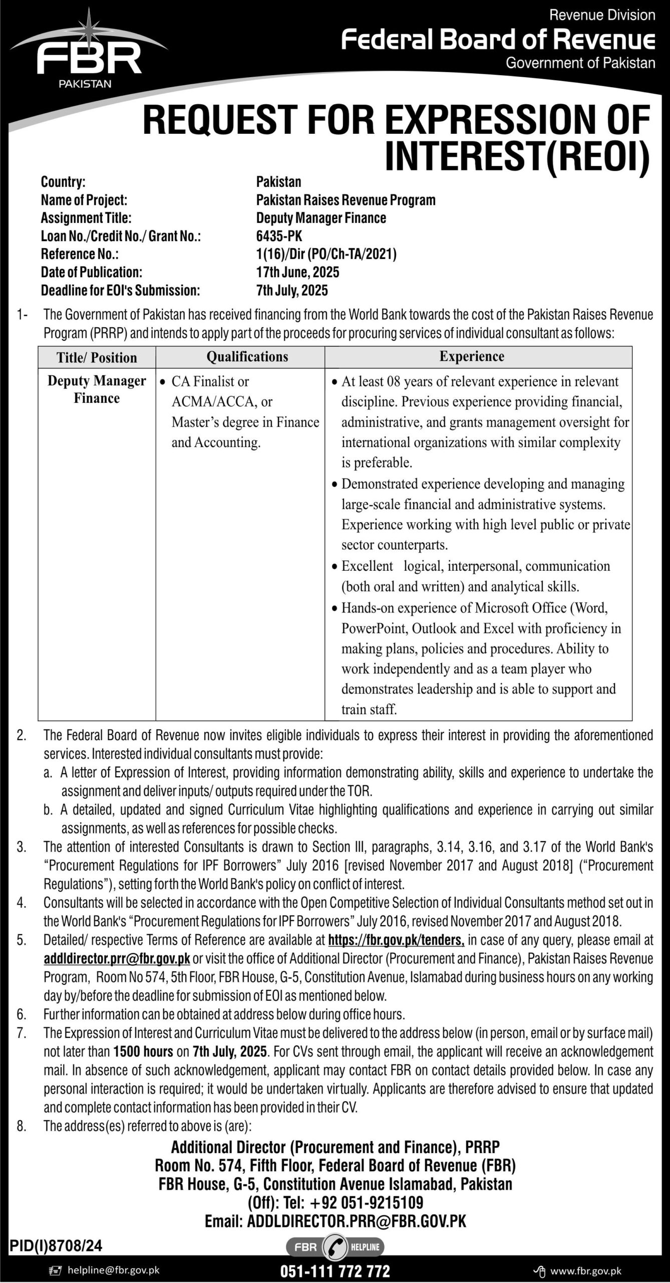 Federal Board Of Revenue Jobs 2025