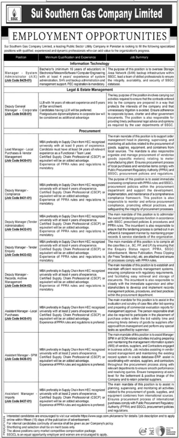 Sui Southern Gas Company Limited Jobs 2025