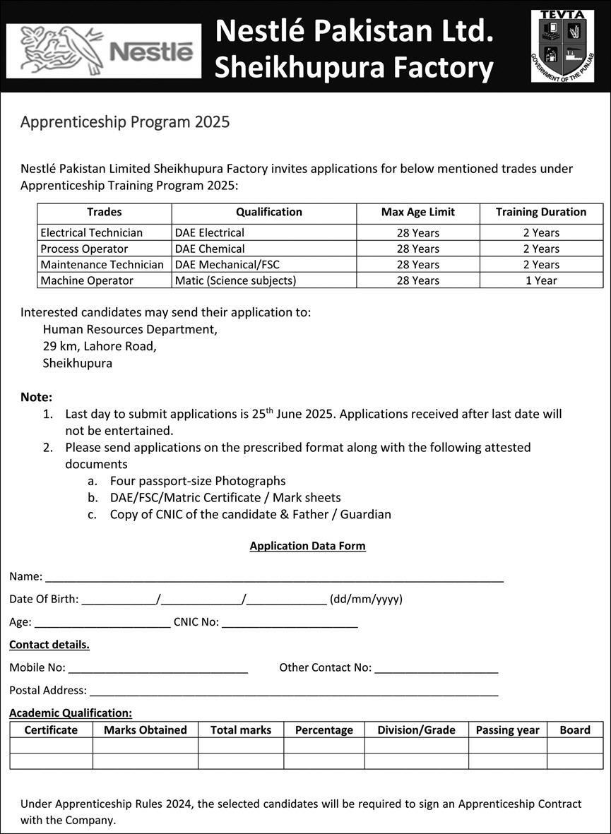 Nestle Pakistan Apprenticeship Program 2025