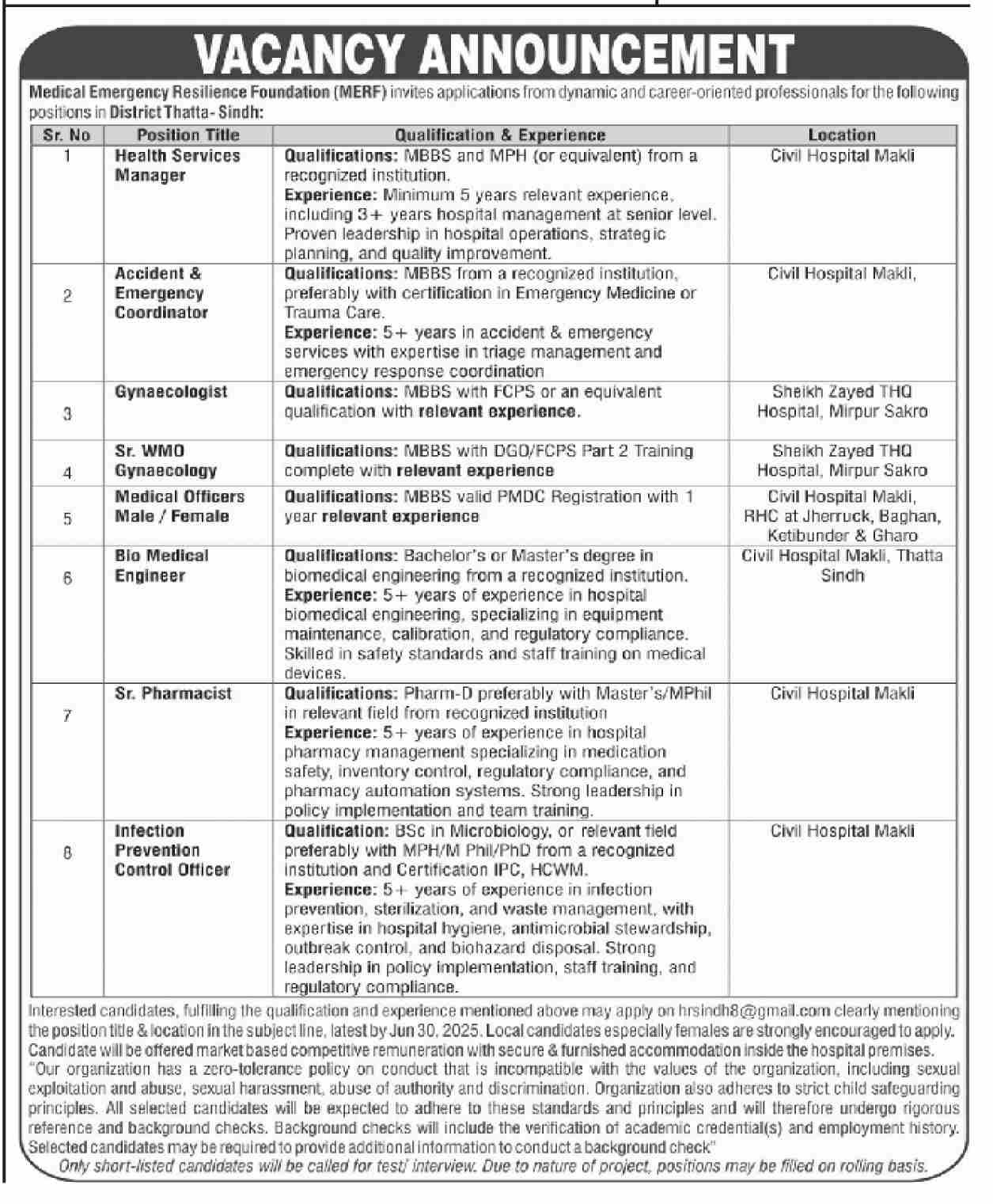Medical Emergency Resilience Foundation Jobs 2025