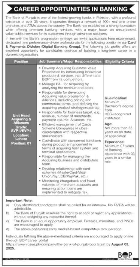Bank of Punjab Jobs 2025 Advertisement
