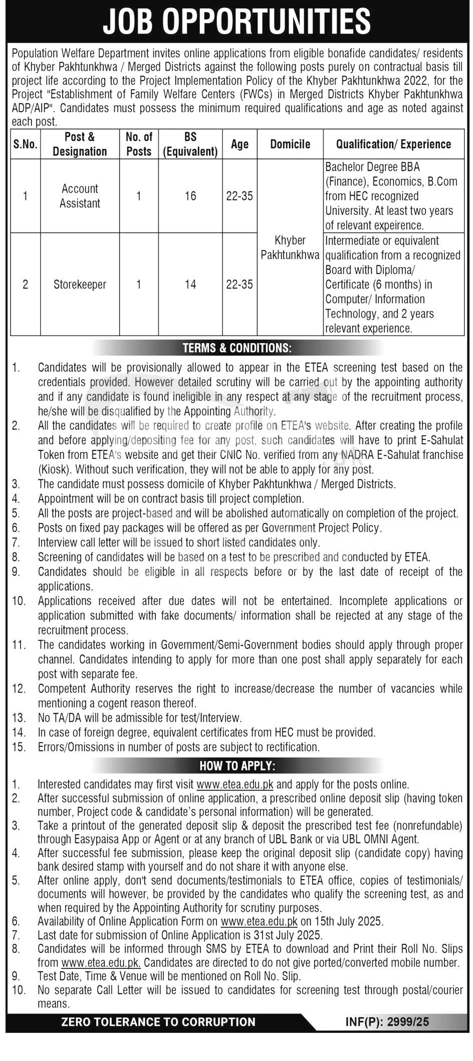 Population Welfare Department Jobs 2025