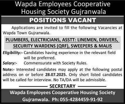 Wapda Employees Cooperative Housing Society Jobs