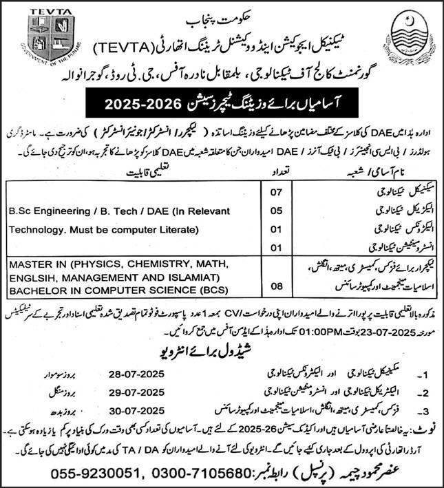 TEVTA Government College Of Technology Jobs 2025