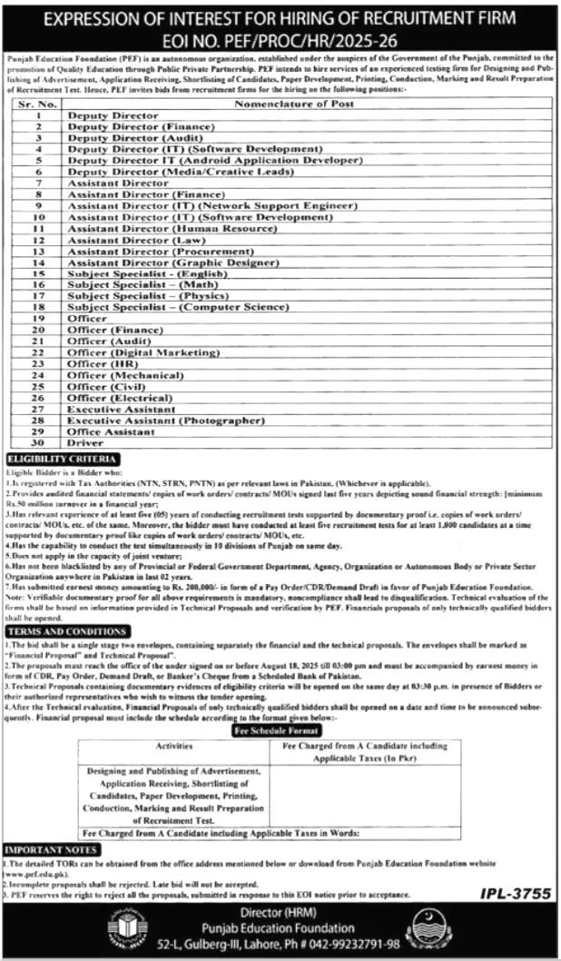 Punjab Education Foundation Jobs 2025 Advertisement