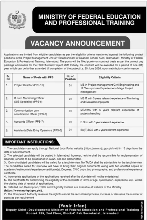 Ministry Of Federal Education & Professional Training Jobs 2025