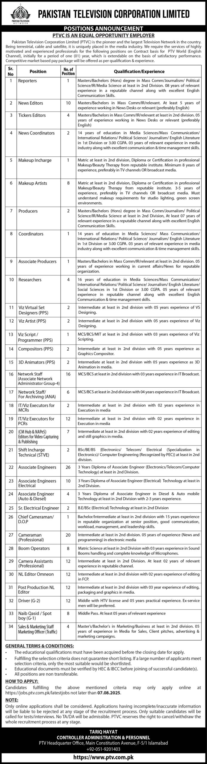 Pakistan Television Corporation Jobs 2025