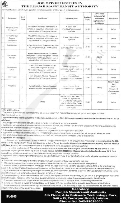 Punjab Masstransit Authority Jobs 2025