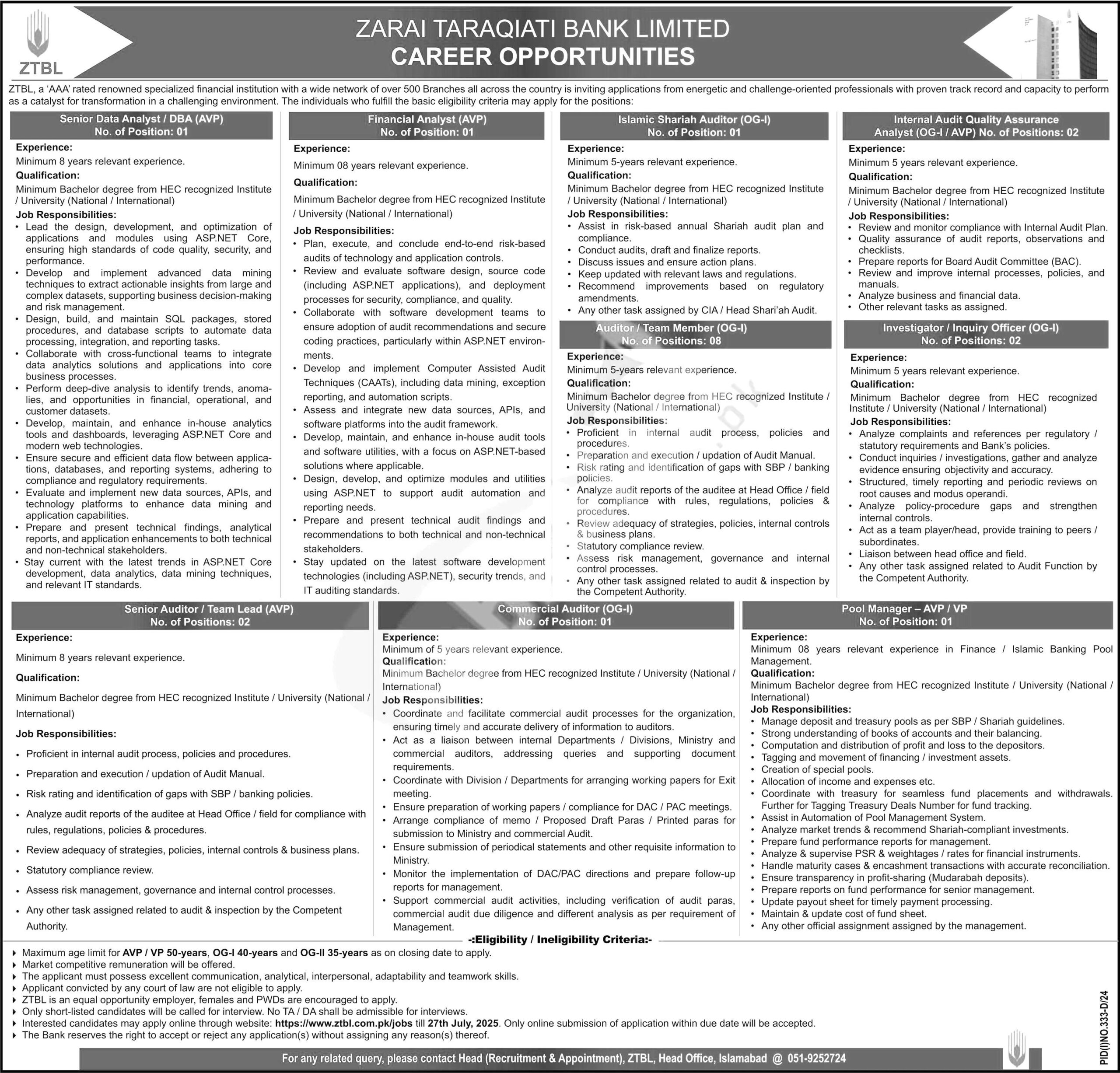 Zarai Taraqiati Bank Jobs 2025