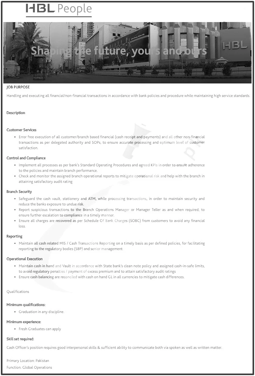 HBL Cash Officer Jobs Advertisement