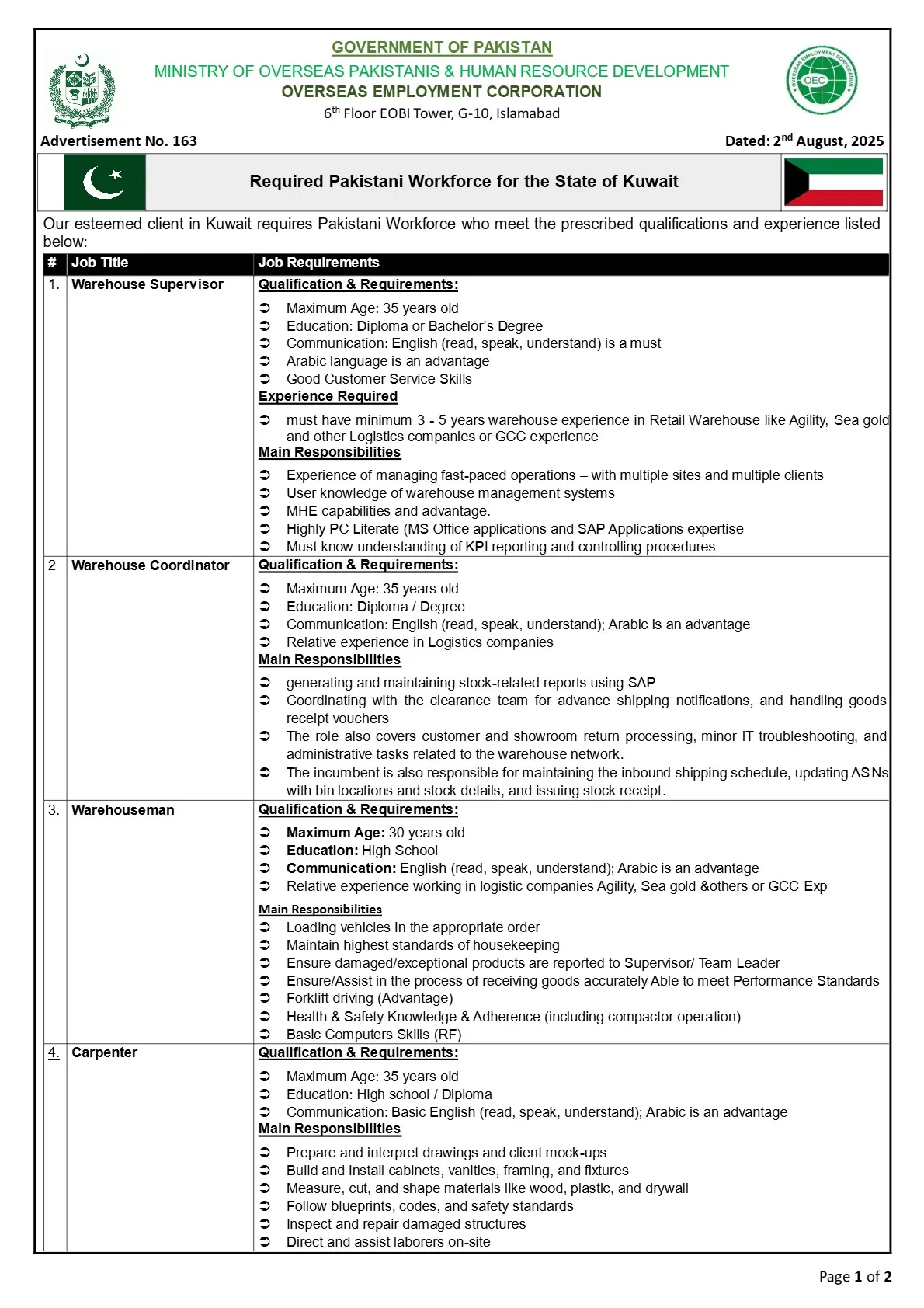 Kuwait Government Free Visa for Pakistani Advertisement
