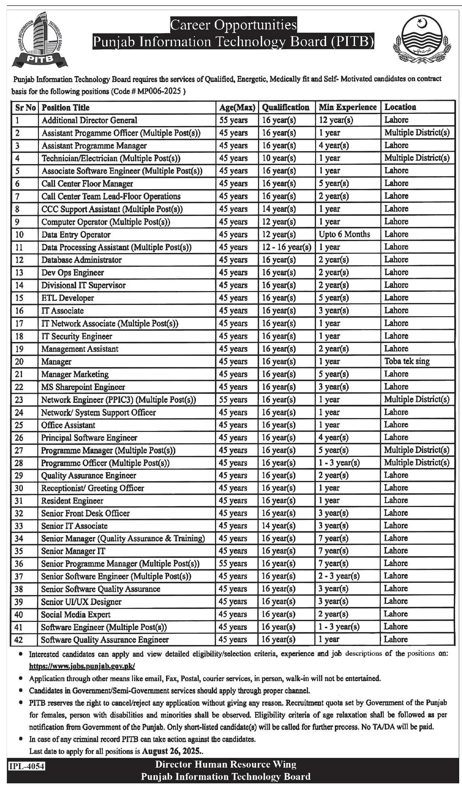 Information Technology Board Jobs 2025 Advertisement