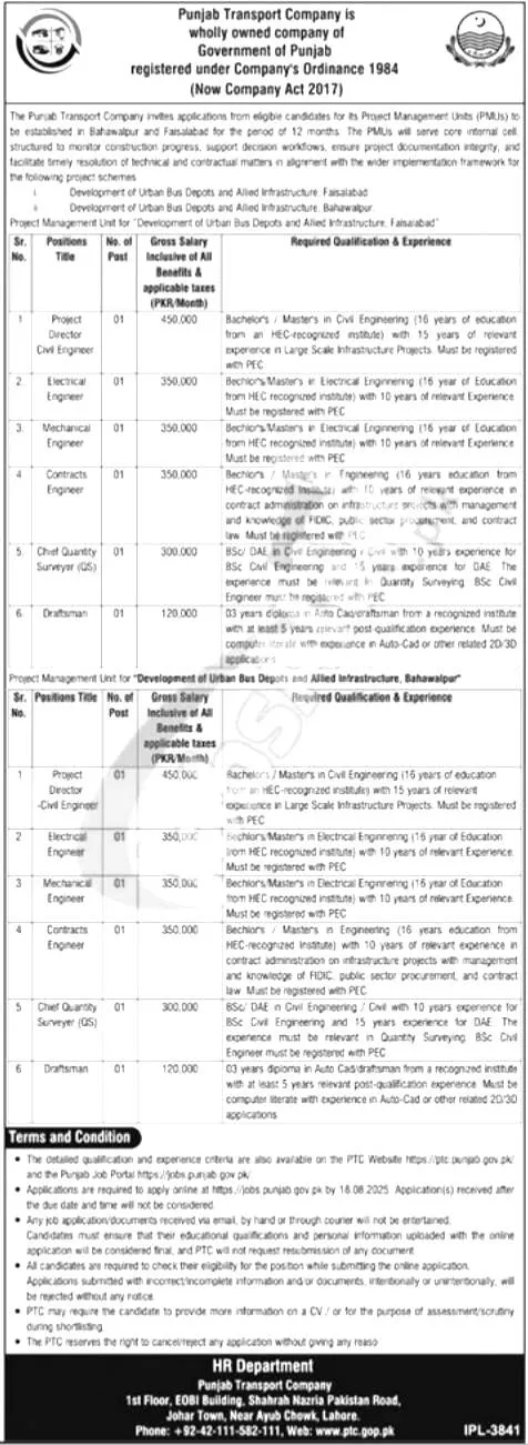 Punjab Transport Company Jobs Advertisement