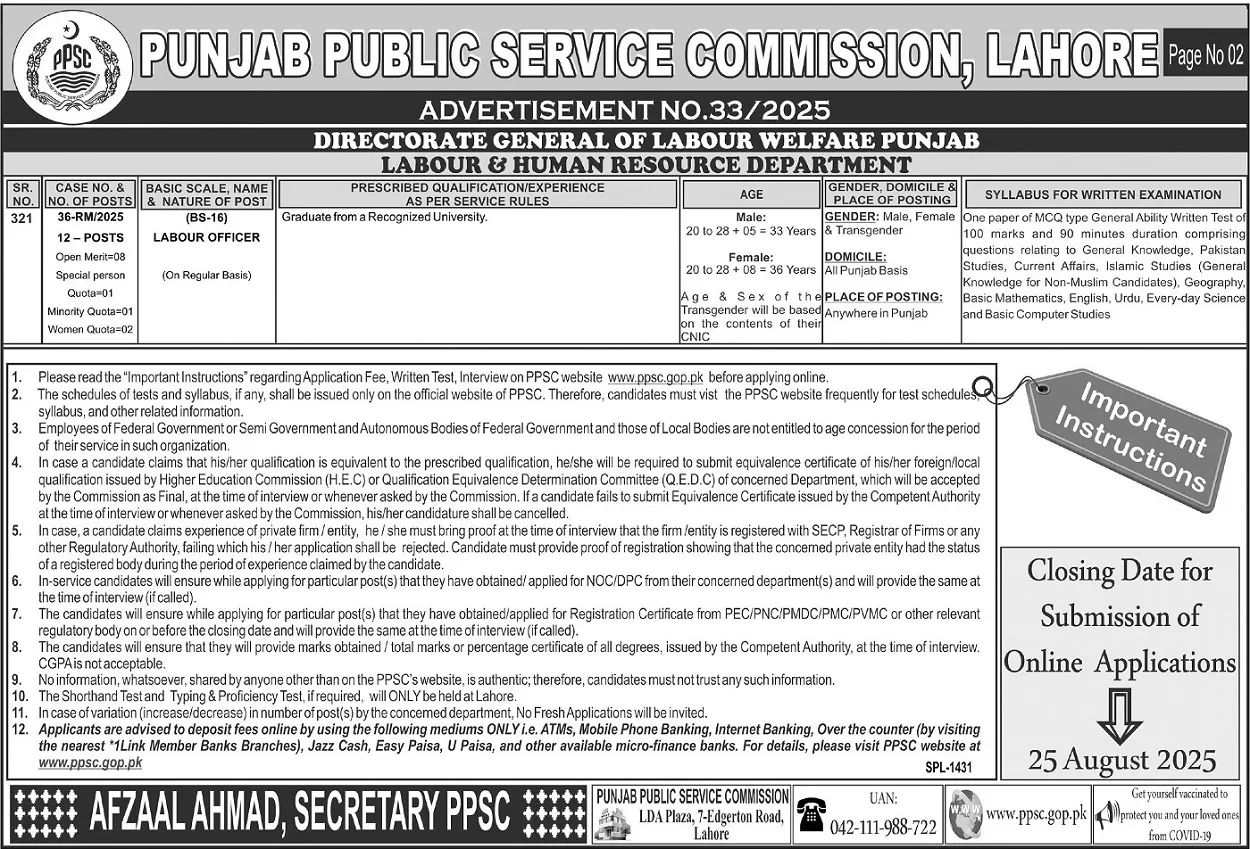 Punjab Public Service Commission Jobs Advertisement
