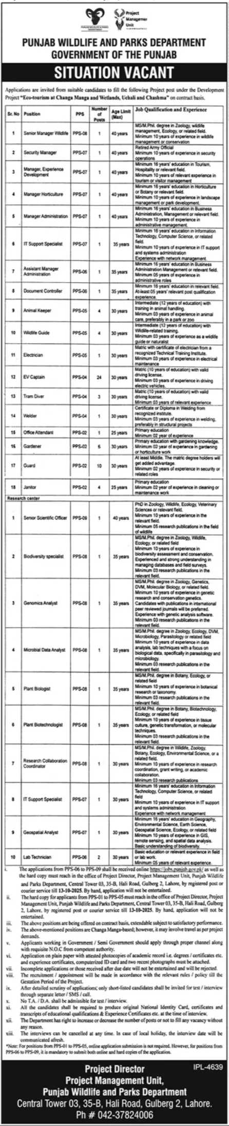 Punjab Wildlife & Parks Department Jobs 2025 Advertisement