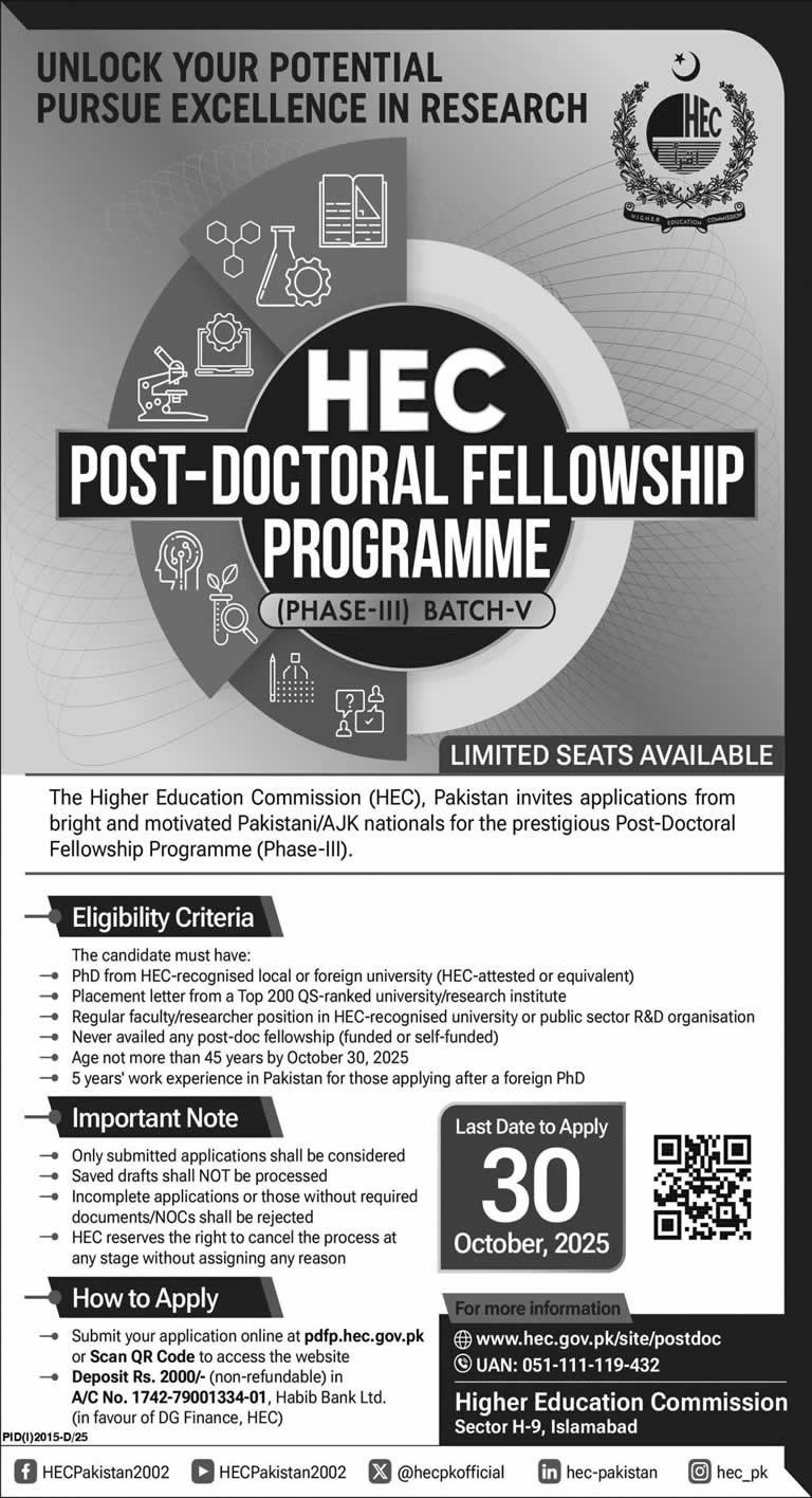 HEC Post Doctoral Fellowship Programme Advertisement